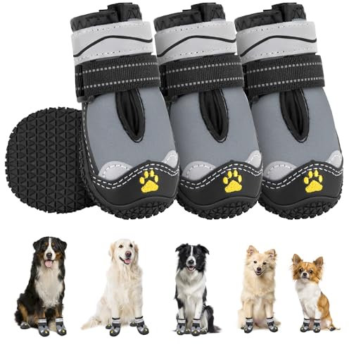 SlowTon Hundeschuhe Pfotenschutz, 4 Stück wasserdichte Hunde Schuhe Outdoor mit Rutschfester Sohle, reflektierendem Klettverschluss Hundestiefel für kleine mittlere große Hunde Winter(S-Grau, Size 8)