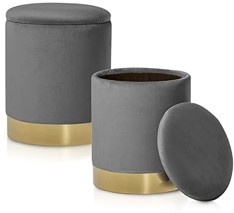 ELYFLAIR® runder Samthocker mit Stauraum und Sitzpolster-Deckel I Sitzhocker Fußhocker Sitztruhe Hocker Stuhl-Interieur Schminktisch Accessoire Deko-für Erwachsene und Kinder-Ø 31 H 38 cm (Hellgrau)
