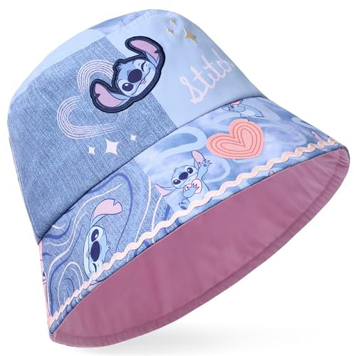 Disney Lilo und Stitch Fischerhut Kinder, Mädchen Bucket Hat für Sommer, Urlaub, Strand - Stitch Sachen (Rosa/Blau Nicht Umkehrbar)