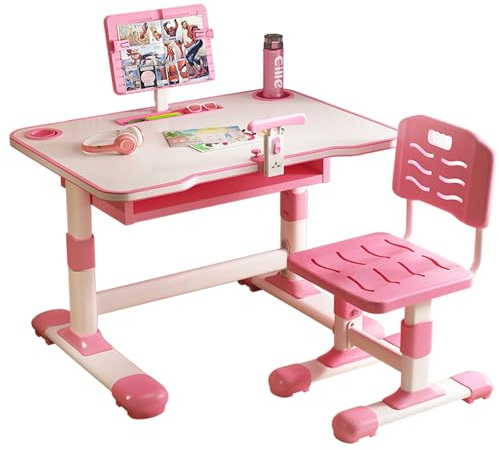 Vinteky Kinderschreibtisch Schülerschreibtisch, Höhenverstellbar Kindertisch mit Stuhl, Schreibtisch mit Schubladen Sitzhaltungskorrektor, Bücherständer (Rosa)