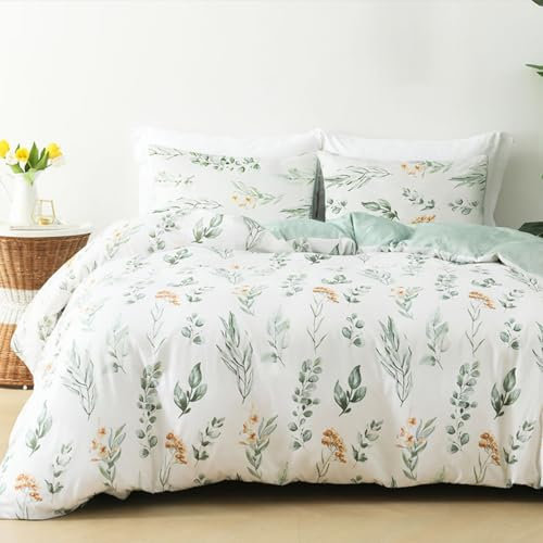 Freyamy Blumen Bettwäsche 200x220cm 3teilig Weiß Grün Blätter Pflanzen Wendebettwäsche Floral Mädchen Bettwaren-Sets 100% Microfaser Bettbezug mit Reißverschluss und 2 Kissenbezug 80x80cm