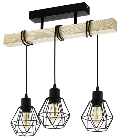 EGLO Deckenlampe Townshend 5, 3 flammige Vintage Deckenleuchte im Industrial Design, Retro Pendelleuchte aus Stahl und Holz, Schwarz, braun, FSC zertifiziert, E27 Fassung