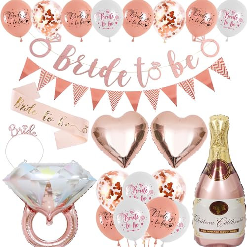 Hen Party Decoration Rose Gold - 34 Pieces Hen Party Accessories Decoration, Bride to Be Glitter Banner, Bridal Tiara Sash, Diamond Champagne Balloon, Love Shaped Foil Balloon for Bridal Shower Party