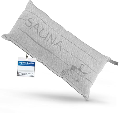 sositex | 1 Premium Saunakissen Lieblingskissen Reisekissen | Design: SAUNIA | Maße: 45 x 22 cm, Leinen/Baumwolle Hängematte, Strand oder Picknick (Grey/White)