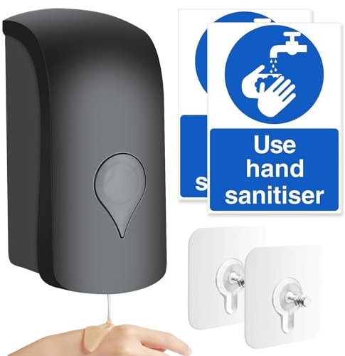 1000ML Wall Mounted Liquid Soap Dispenser, Manual Gel Liquid Shampoo Dispenser Detergent Container for Bathroom Home Hotel School with 2 Pcs USE HAND SANITISER Sign 2 Punch-free Screw Stickers(Black)