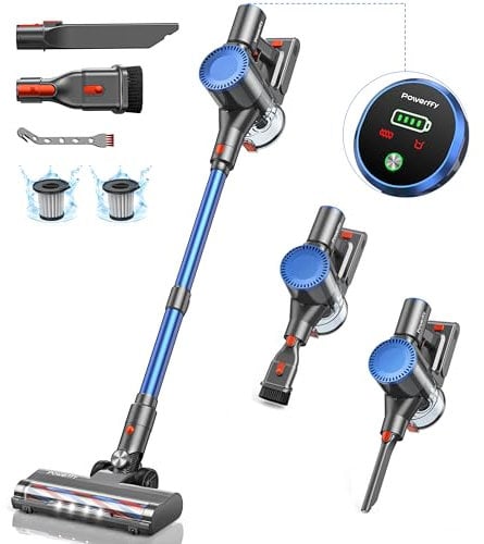 Powerffy Cordless Vacuum Cleaner, 30KPA Stick Vacuum Cleaners Cordless Powerful 2 Modes 6 in 1 Lightweight Vacuums with 45Min Detachable Rechargeable Battery for Pet Hair/Hardwood Floors/Tile, Blue