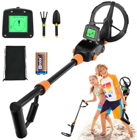 Metal Detector Bambini, Leggero Metal Detector per Bambini Regolabile ad Alta Sensibilità con Display LCD e Indicazione SUONO, Bobina Impermeabile IP68, per Regalo Principianti E Bambino