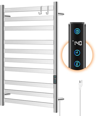 Heated Towel Rack for Bathroom, Towel Warmer with 10 Bar Flat Rack Large, Electric Hot Towel Rack Wall Mounted, LED Buit-in Timer, Plug-in, Stainless Steel, Fast Heating, Brushed Nickel
