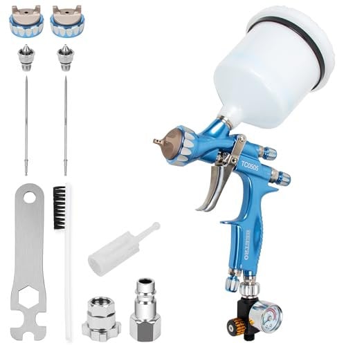 BEETRO Pistola a Spruzzo HVLP Professionale per Automobili con Alimentazione a Gravità, Busa 280-320mm (1,3/1,4mm) dotata di Valvola d'Aria, Capacità 600ml, 14CFM a 29psi e Adattatore 1/4(azzurro)