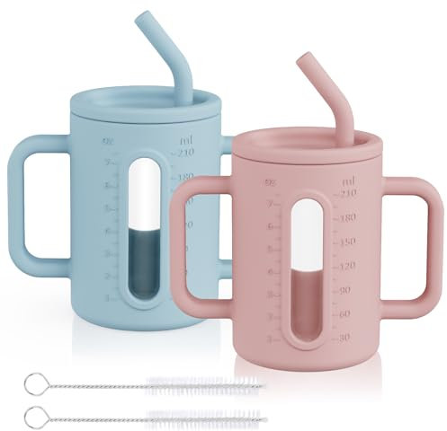 HOTUT Tasse d'Apprentissage Bébé, 2 PCS Gobelet en Verre Bébé avec Manchon en Silicone Sans BPA, 210ml tasse bebe avec deux poignées, paille, brosse,couvercle anti-fuite pour Entraînement à Boire