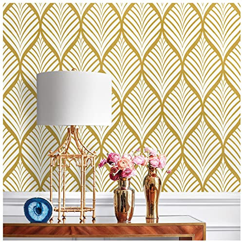Selbstklebende Tapete Weiß Gold,44.5 x 500cm Tapete Streifen Gold Tapete Geometrisch Klebefolie Geometrische Klebefolie Retro Möbelfolie Selbstklebend für Badezimmer Wohnzimmer Schlafzimmer Küche