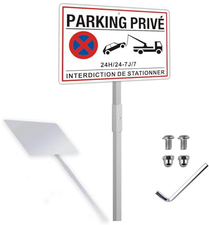 Panneau Parking Privé avec Piquet Aluminium Réfléchissant 20x30cm, Panneau Stationnement Privé PARKING PRIVÉ Panneau Métallique Résistant aux Intempéries, Imperméable et Résistant aux UV