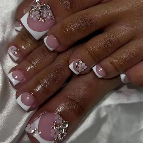 False Toe Nails - 24pcs Fake Toe Nails - French Tip Toenails With 3D Bow And Floral - French Style Shiny Rhinestone Stick On Toenails - Full Cover Press On ToesNails For Women Girls