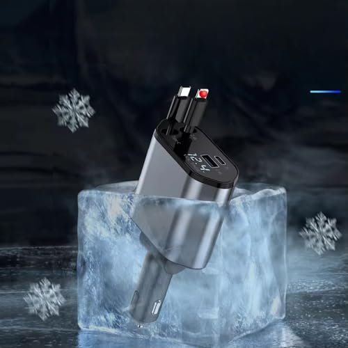 Carga retractil rapida de mechero Compatible con iPhone 17 Pro MAX – USB c Charger 120 W, Toma mechero 12 V para Coche, Cargador Coche isqueiro con Cables retráctiles, Doble USB y USB-C, Carga Segura