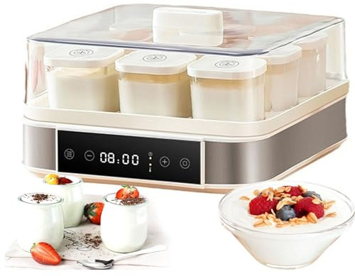 Yogurtiera Automatica, 40W Yogurtiera Digitale Automatica con Temperatura Regolabile e Controllo del Tempo, 9 pezzi Vasetti di Vetro Yogurtiera per Yogurt Biologico Domestico, Formaggiera, Nattoera
