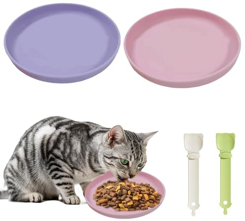 Lot de 2 gamelles pour Chats en Silicone avec cuillères, Bols antidérapants à Large Base en Silicone Alimentaire, avec 2 Cuillère à Presser pour Chat
