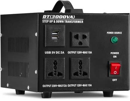 VONLUCE Step Up Down Spannungswandler Convert 110V⇋220V 3000W mit automatischer Unterbrechung Transformator mit 110V/220V-Steckdosen 5-V-USB-Anschlüssen Automatischer Transformator