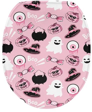 COEQINE Halloween Home Decor Toilet Seat Cover Bathroom Decoration Toilet Lid Covers Washable Funny Winter Decorations Non-Slip Warmer Toilets Cushion,Ghost Pink Kawaii