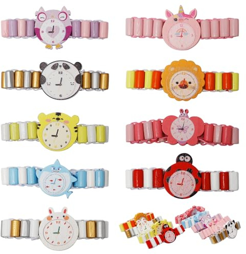 Keboyoe 9 StüCk Holz Armbanduhren Uhr Spielzeug Simulation Armbanduhren | Niedliche Cartoon HöLzerne Uhren Spielzeug Simulation Armbanduhr Holz Armbanduhren Spielzeug Für Die Schule Kinderspielparty