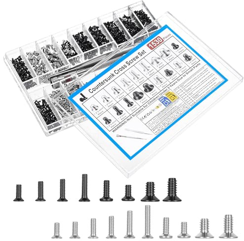1530 Pcs Petites Vis,M1.2/M1.4/M2 Micro Vis，et Pince à Épiler Und Tournevis | Noir Argent Vis Autotaraudeuses à Tête Fraisée Cruciforme,Vis Pour Lunettes,Montres, Téléphones, Appareils Électroniques