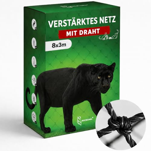 NICEOWL Red para Gatos Reforzada con Alambre 8x3m | Protección extrafuerte para balcones y terrazas, malla anticaídas con cable de acero, incluye kit de fijación