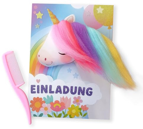 NiLiNo 5 Stk. Einhorn-Einladungskarten mit echter Mähne + 3 Stk. Bagger-Einladungskarten (insgesamt 8 Einladungen) inkl. Umschläge