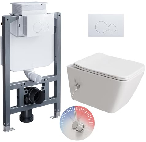 HOROW WC con cassetta di risciacquo da incasso, set completo con piastra a pressione, WC sospeso con ugello integrato, Taharet WC con funzione bidet, acqua fredda/calda, rettangolare, 51,5 x 36 x 34