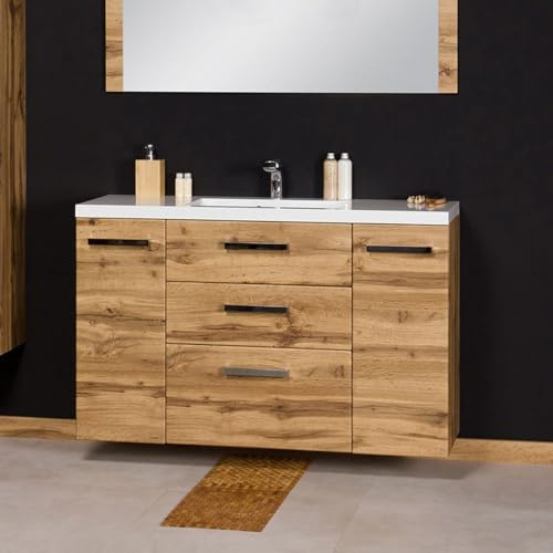 Quentis Badmöbelset Genua 120 cm, Waschtisch und Unterschrank, Eiche Natur | BxHxT 120x76x39 cm, Waschtischunterschrank vormontiert, 3 Softclose-Schubladen, 2 Türen, inkl. Waschbecken