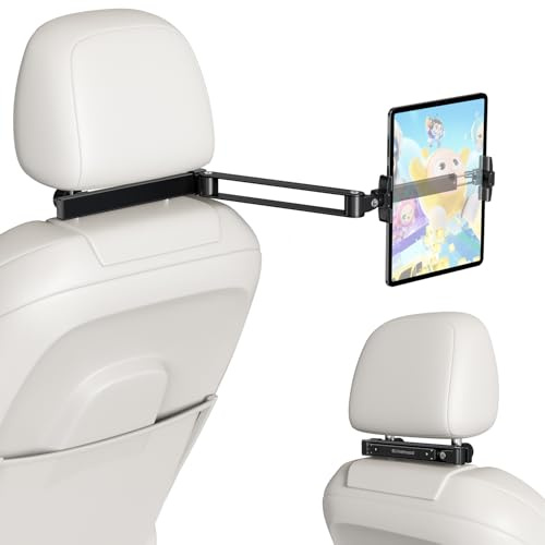 elitehood Headrest Car Tablet Holder - [Long Aluminum Extension Arm] [Ultra-Compact] Foldable iPad Holder for Car Backseat, Road Trip Essentials iPad Back Seat Mount, Tablet Headrest Mount for Kids