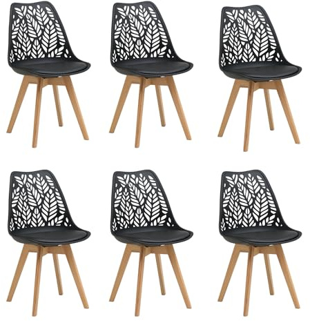 JZGORC Lot de 6 chaises de Salle à Manger de Style Nordique Chaises de Cuisine aux Pieds en Bois Massif,Dossier ajouré et revêtement en Similicuir pour salles à Manger, Cuisines et Salons,Noir