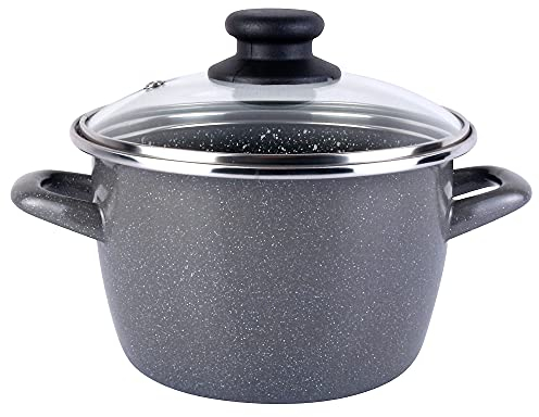MAGEFESA K2 GRansasso Olla 16 con Tapa de Vidrio. Exterior grio Moteado y antidherente bicapa Reforzado Piedra. hasta 50% de Ahorro energético.