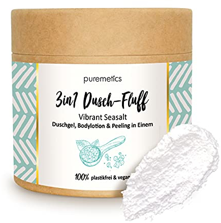 puremetics 3in1 Dusch-Fluff Vibrant Seasalt mit Meersalzpeeling, 250 g Duschgel, Peeling und Lotion in Einem, vegan & plastikfrei