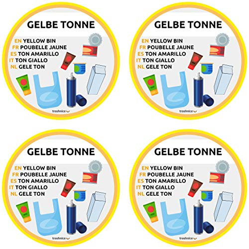 trashnice Yellow Bin Pack of 4 Stickers Multilingual Wheelie Bin Set Waste Bin Stickers 95 mm Yellow Bin, Organic Waste, Paper, Glass, Reusable and Residual Waste