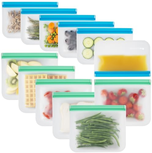 MHSEcoFriendly Reusable Freezer Bags - 12 Pack | M & XL Zip Lock Bags | BPA Free, Washable & Leakproof Food Storage Pouches For Keeping Lunch, Sandwich, Snacks, Fruit, Veg & Soup Fresh for Longer