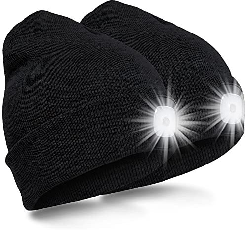 SPGOOD LED Beanie Beleuchtete Mütze mit Licht,Wiederaufladbare USB Winter Warm LED Mütze mit Licht,Lampe Laufmütze für Angeln,Jogger,Camping,Laufen(Schwarz&Schwarz)