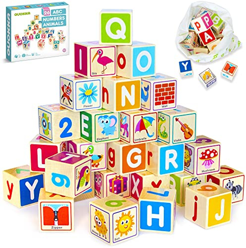 Wooden Building Blocks for Kids 1 2 - Educational Toys for 2-3 Year Olds | 26 Number and Alphabet Baby Building Blocks for Toddlers - Wooden Toys Game for Boys and Girls 4 5 6 Year Old