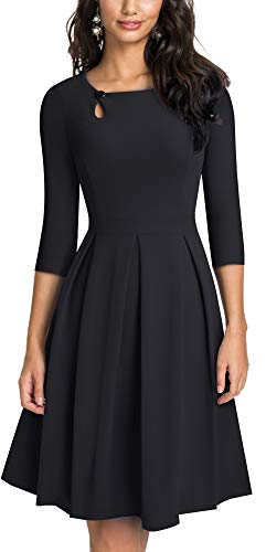 HOMEYEE Damen Vintage Aushöhlen Rundhals Abgefackelt Plissee Cocktailkleid A223 (M, Schwarz)