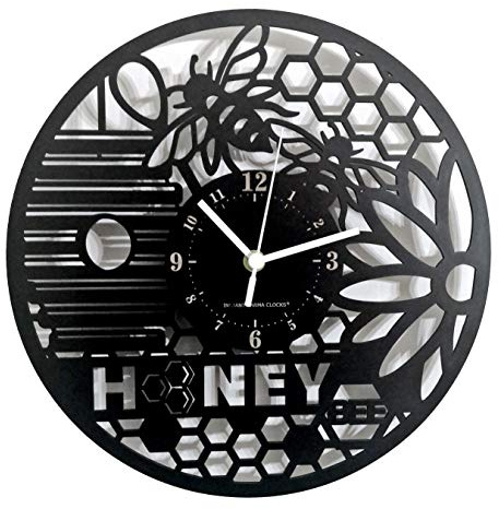 Instant Karma Clocks | Bienen Wanduhr – Deko mit Honigwabe, Blüte & Schriftzug „Honey Bee“ | Geräuschlosem Quarzwerk | Geschenkidee für Imker, Naturfreunde, Gartenliebhaber