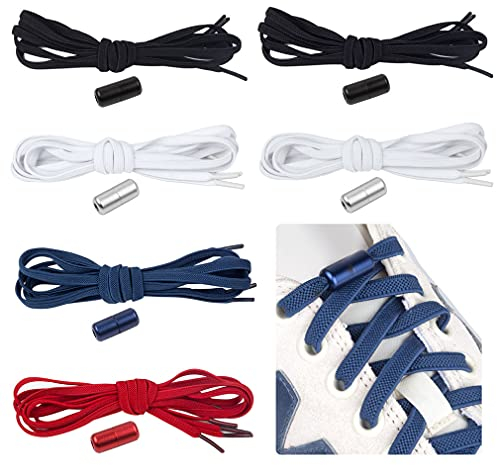 Feibmir 6 Pairs No Tie Elastic Shoelaces, Universal Shoe Laces for Kids and Adults,Tieless Flat Shoelaces for Running Shoes with Metal Lock(White,Black,Red,Marine)