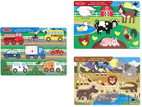 Melissa & Doug | Pack mit 3 | Steckpuzzles aus Holz – Bauernhoftiere, Safari und Fahrzeuge.