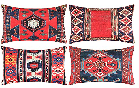 Leinen Kissenbezug Länglich Zierkissenbezug Bauernhaus Boho Dekorativen Kissenhüllen Antiker Orientalischer Türkischer Teppich Musterdruck Kissenzug für Sofa Couch Schlafzimmer, 30x50cm,4er Set