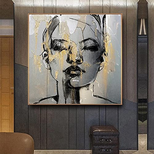 Yangmanini Moderne Abstrakte Goldene Mädchen Gesicht Leinwand Malerei Charakter Frauen Poster Drucke Wohnzimmer Dekoration Wandkunst Bilder 80x80cm Rahmenlos