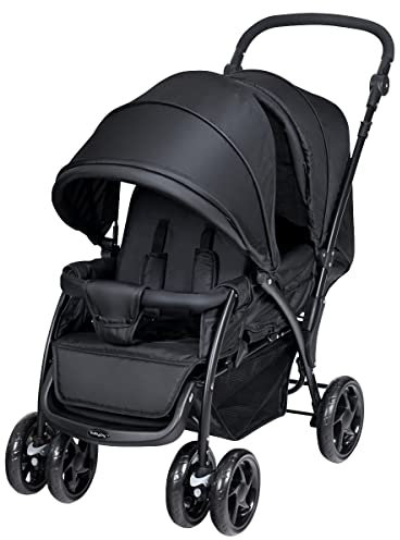 COSTWAY Double Seat Pushchair, Foldable Twin Tandem Stroller with Adjustable Backrest, Push Handle & Footrest, 5 Points Safety Belts, Sunshade & Storage Basket, for from Birth to 15kg (Black)