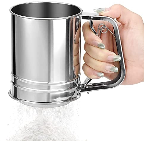 ALFFREUDE Tamis de Farine 500 ML Cuisson Tasse de Tamis Passoire à Farine Acier Inoxydable Argent pour Filtrer Farine, Cacao en Poudre, Sucre en Poudre