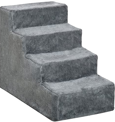 PawHut Escalera para Perros de 4 Peldaños Escalera para Mascotas con Funda Extraíble y Lavable para Cama Sofá 60x35x44 cm Gris