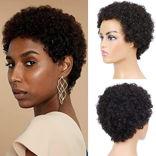 Perruque de cheveux humains afro crépus bouclés pour femme, perruque complète et moelleuse, faite à la machine, coupe Pixie naturelle, sans colle, couleur noire (Afro)
