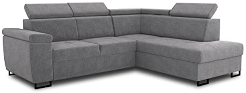Ecksofa Natan mit Schlaffunktion und einstellbare Kopfstützen - Wohnlandschaft mit Metallfüßen, Couchgarnitur, Bettkasten, Sofagarnitur, Sofa (Ecksofa Rechts, Grau (Paros 05))