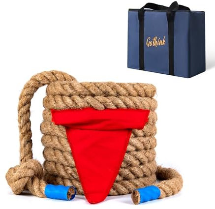 GOTHINK Corde à tirer (2,5 cm x 6,1 m) Jeux de jour sur le terrain pour enfants et adultes, corde en fibre de jute naturelle douce avec drapeau, sac de transport pour cour, réunion de famille, fête