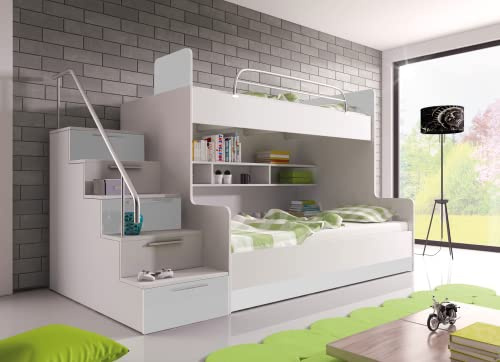 Generisch Etagenbett TOMI 2 Halbhochbett mit Treppe inklusive Stauraum Doppelstockbett Hochglanz Kinderbett Hochbett Tomi Schubfächer + Rahmen (Links, Weiß/Weiß)