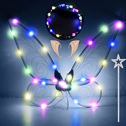 YeahBoom LED Feenflügel Leuchtende,Schmetterlingsflügel mit Elfenöhren,LED Fee Stirnband und Sterne Feenstäbe,Schmetterlingsflügel,Prinzessinnenflügel,Flügel Kostüm für Fasching oder Feen-Mottopartys